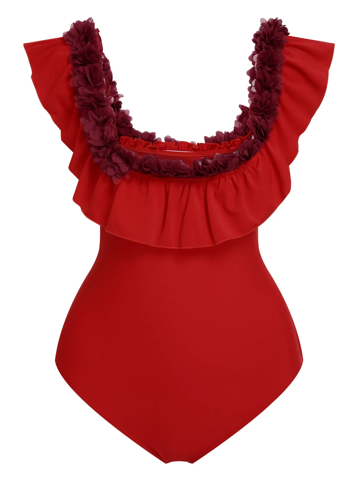 1940s Solid Petal Patchwork One Shoulder Swimsuit