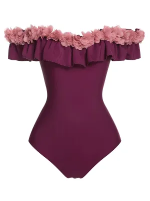 1940s Solid Petal Patchwork One Shoulder Swimsuit