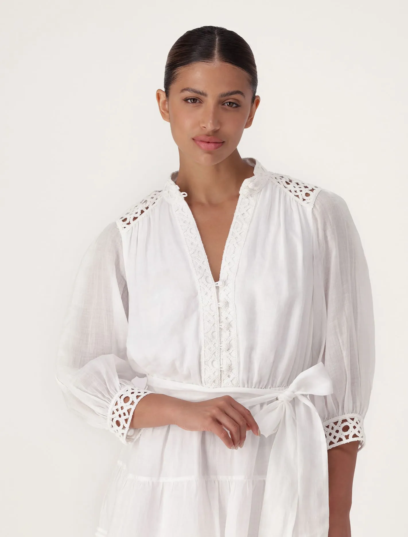 Chic Cecilia Crochet Mini Dress with Elegant Trim