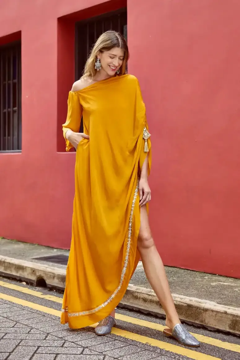 Mango One Shoulder Kaftan With Sleeves